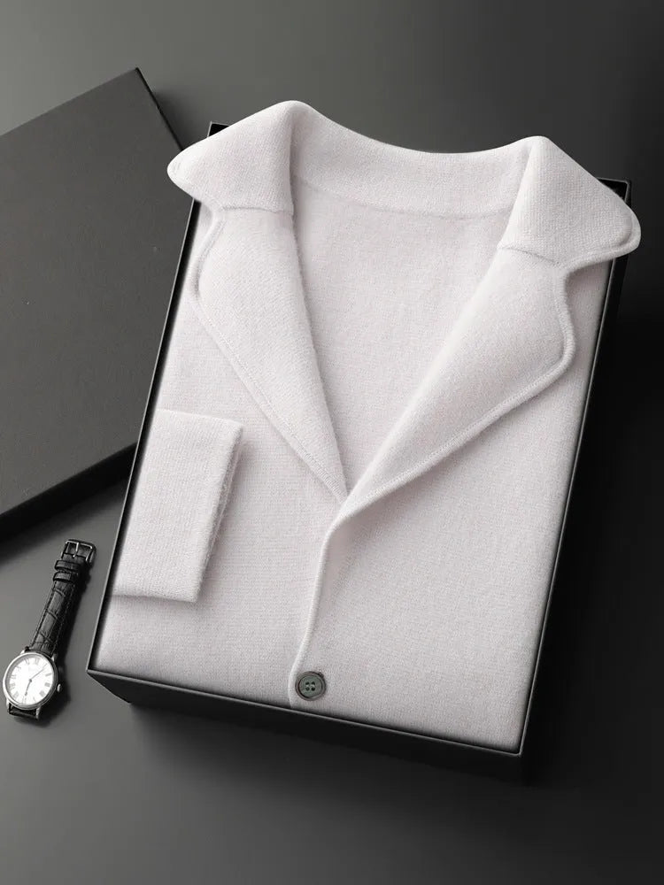 Men's loose fit cashmere cardigan knitted jacket in a solid colour on a neutral background