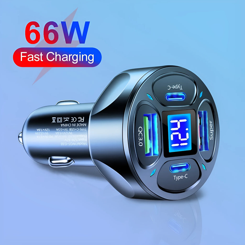 Black and white 66W car charger with digital display, two USB and two Type-C ports.