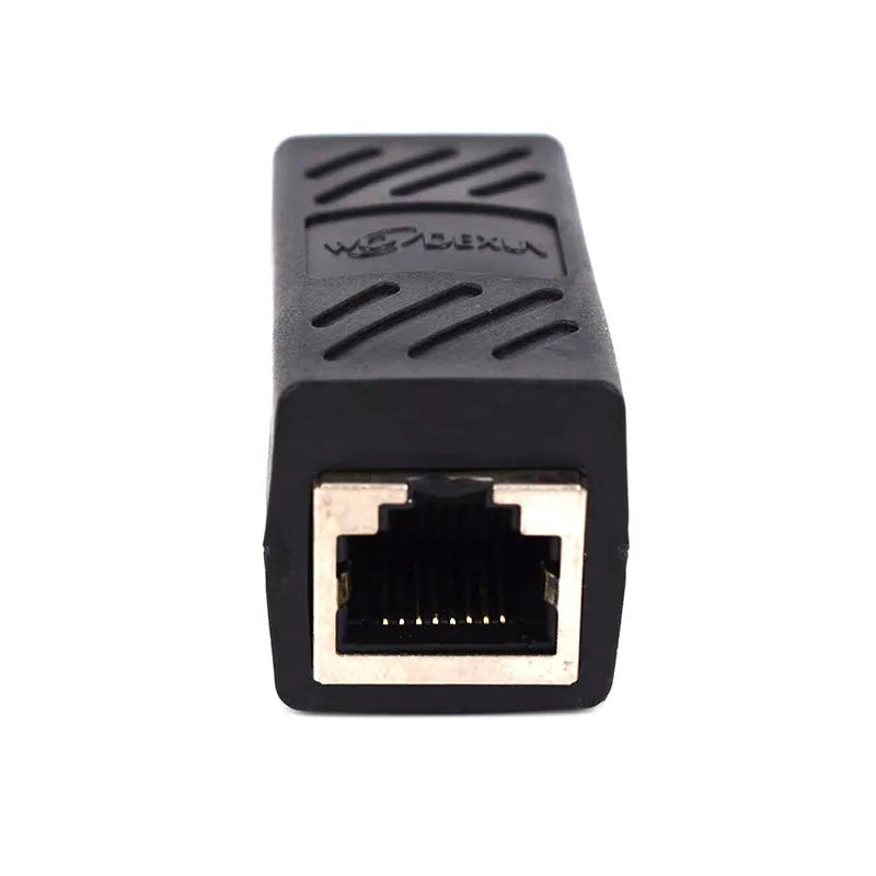 Black RJ45 network cable extender adapter with rotary union for connecting Ethernet cables