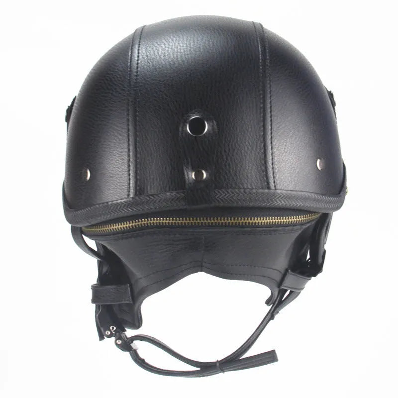 Retro half-pedal motorcycle helmet in ABS artificial leather, black and dark brown colour options