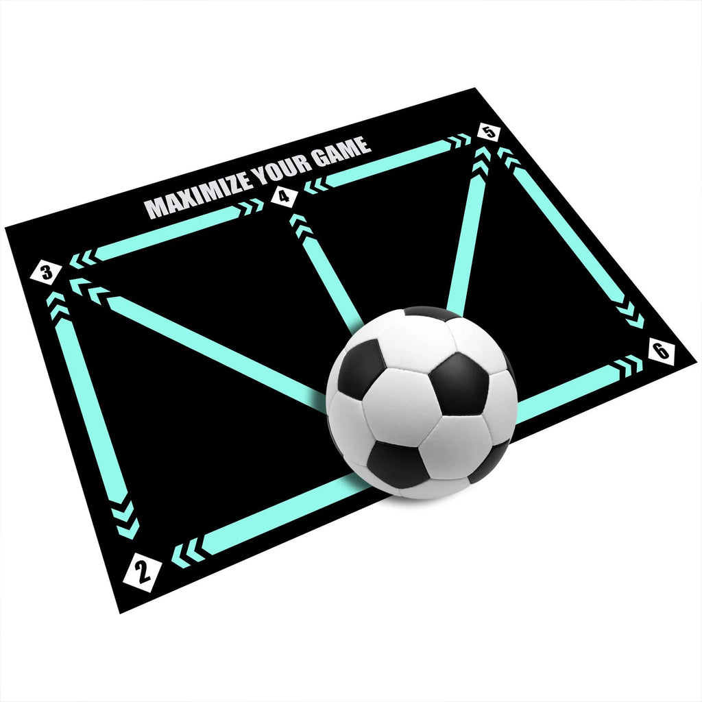 Black football training mat measuring 60x90cm with non-slip backing for ball control drills