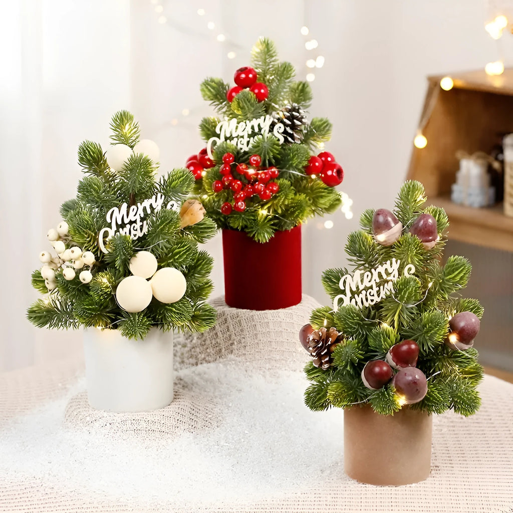 32cm desktop Christmas tree with pine cone ornaments and LED lights in red colour option