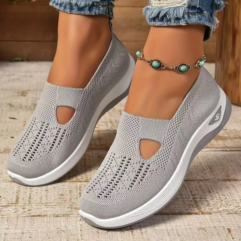 Women's soft sole casual mesh shoes in multiple colours with T-strap and flat heel design
