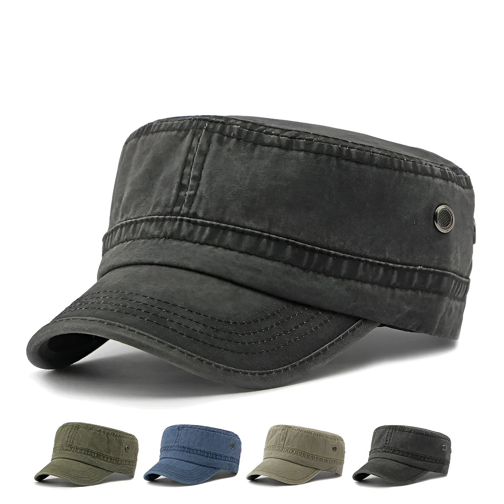 Adjustable flat top military cap in cotton fabric showing four colour options