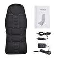 Black electric cervical kneading massager with remote control and international plug adapters.