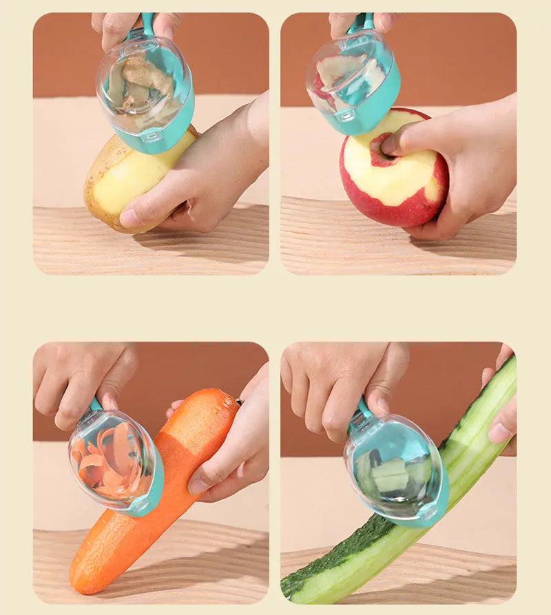Yellow peeling knife with attached plastic storage lid for fruit and potato peelings