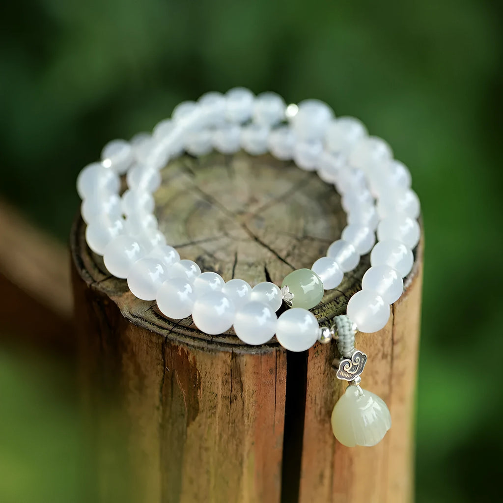 S925 sterling silver bracelet with white agate and green Hetian jade beads in geometric lotus pattern
