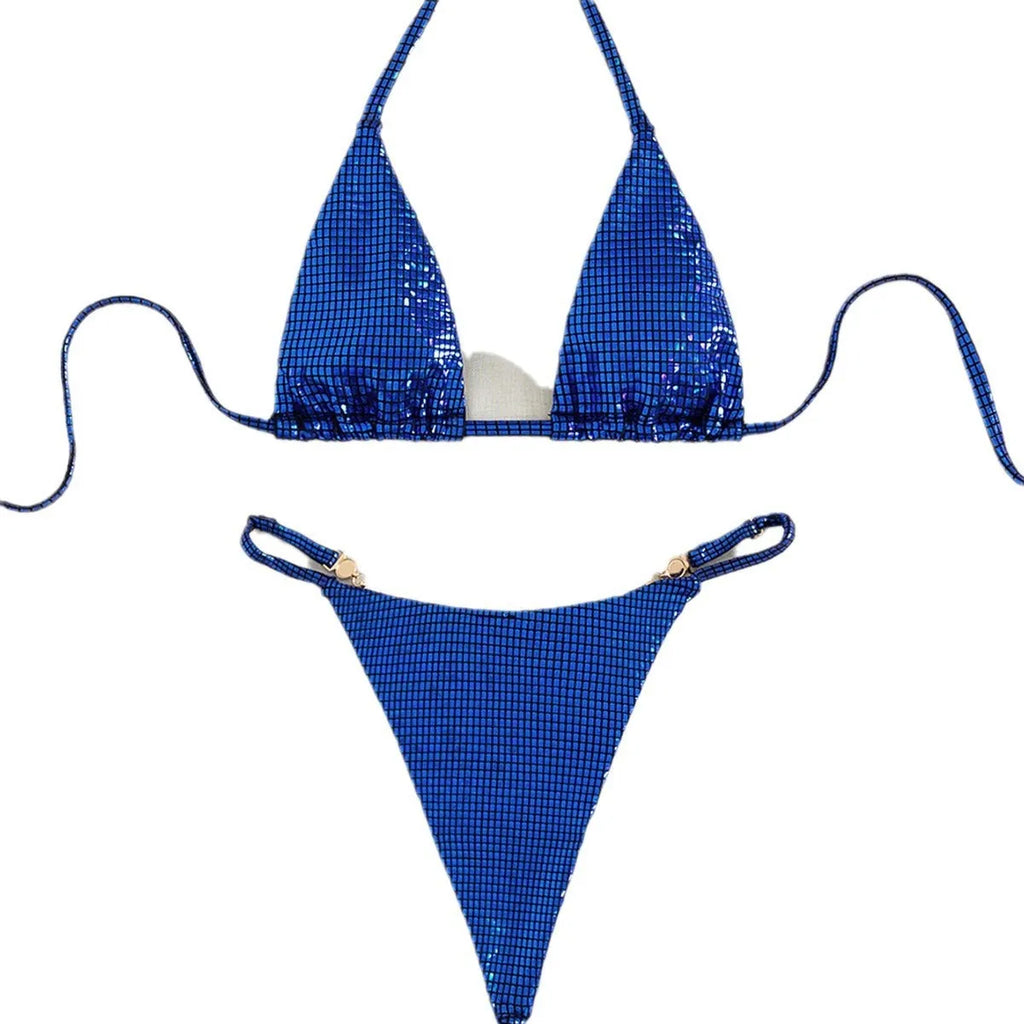 Women's solid colour blue T-back split bikini set on a mannequin.