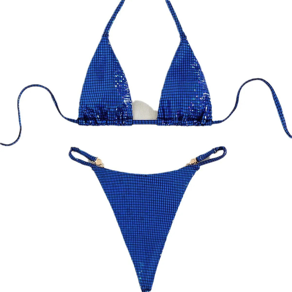 Women's solid colour blue T-back split bikini set on a mannequin.