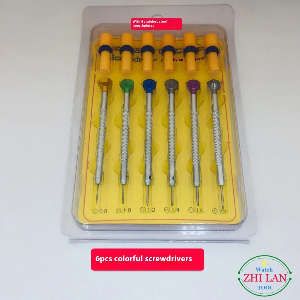 6-piece watch repair screwdriver set with colour-coded aluminium handles and spring steel cutter heads for watch maintenance