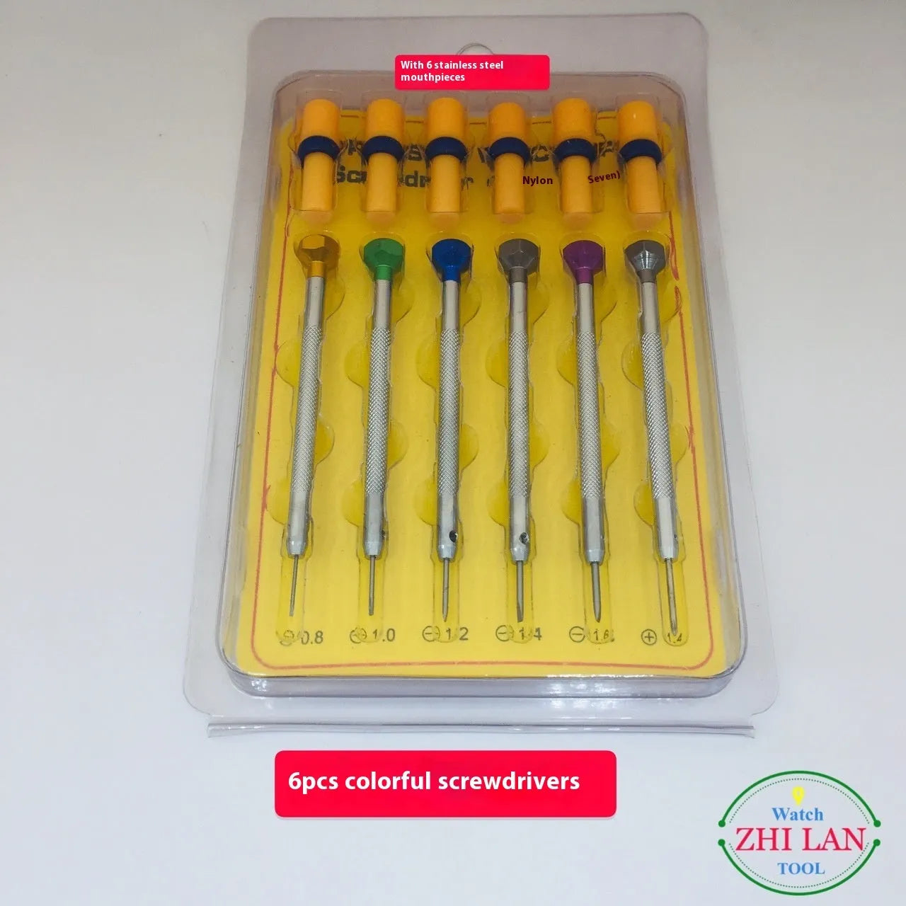 6-piece watch repair screwdriver set with colour-coded aluminium handles and spring steel cutter heads for watch maintenance