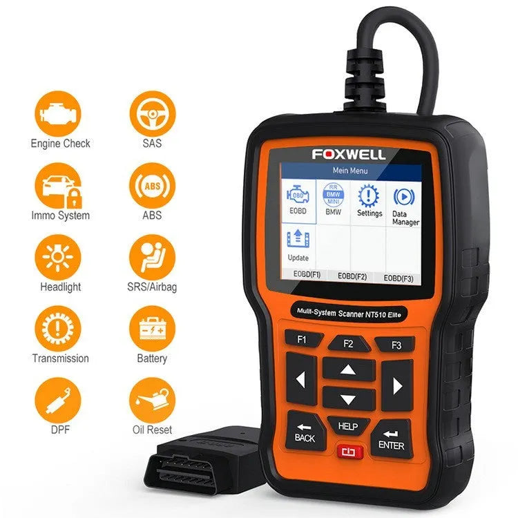 Foxwell NT510 orange and black automotive diagnostic tool with data cable on a workshop bench