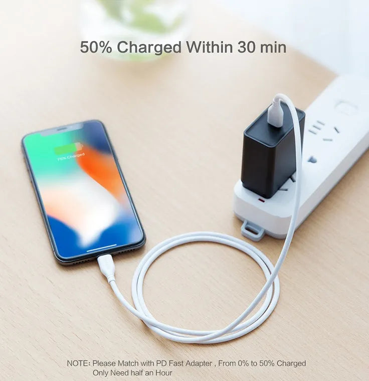 White USB-C to Lightning cable with reinforced connectors for iPhone fast charging and data transfer