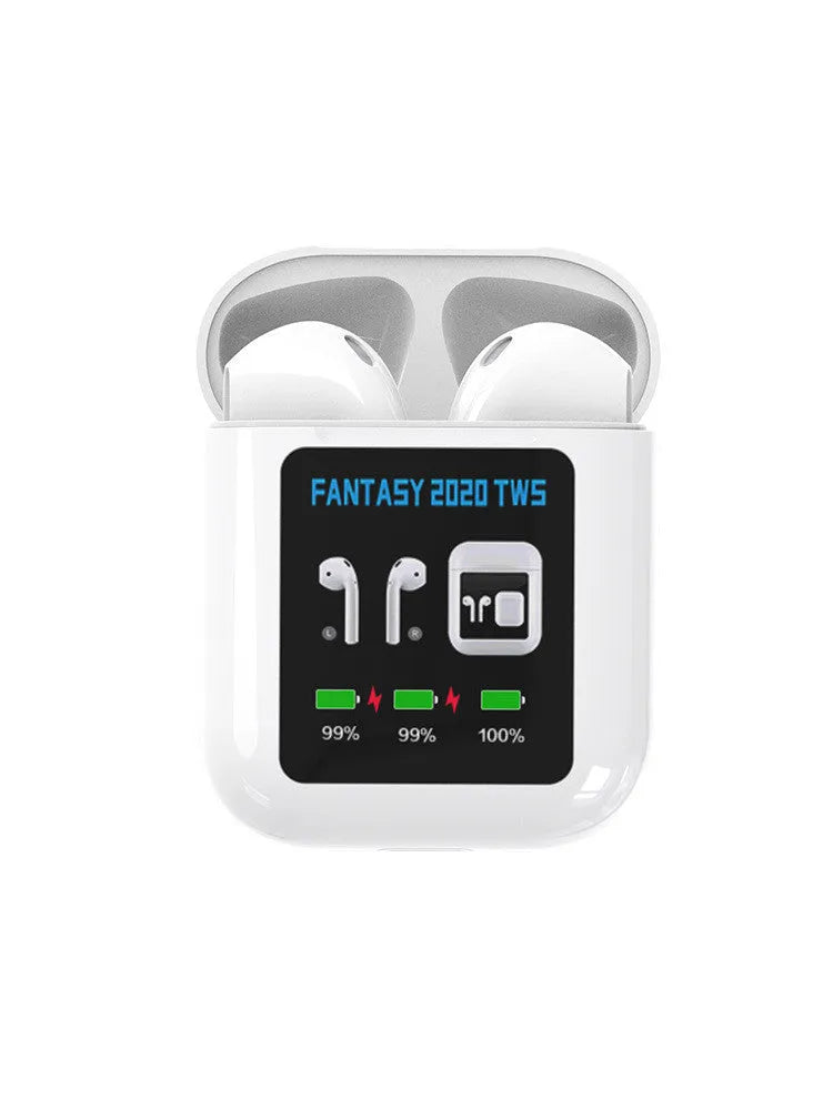White stereo sports in-ear headphones with Bluetooth 5.0, charging compartment, 13mm sound unit, and 20m transmission distance