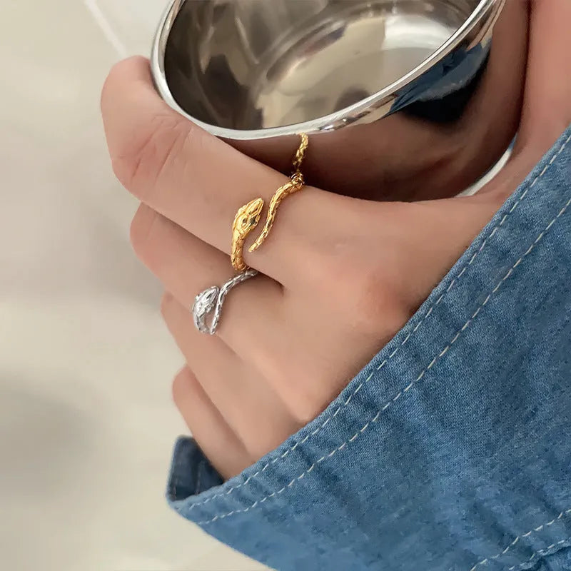 Open snake ring with textured copper band, electroplated in platinum or gold colour