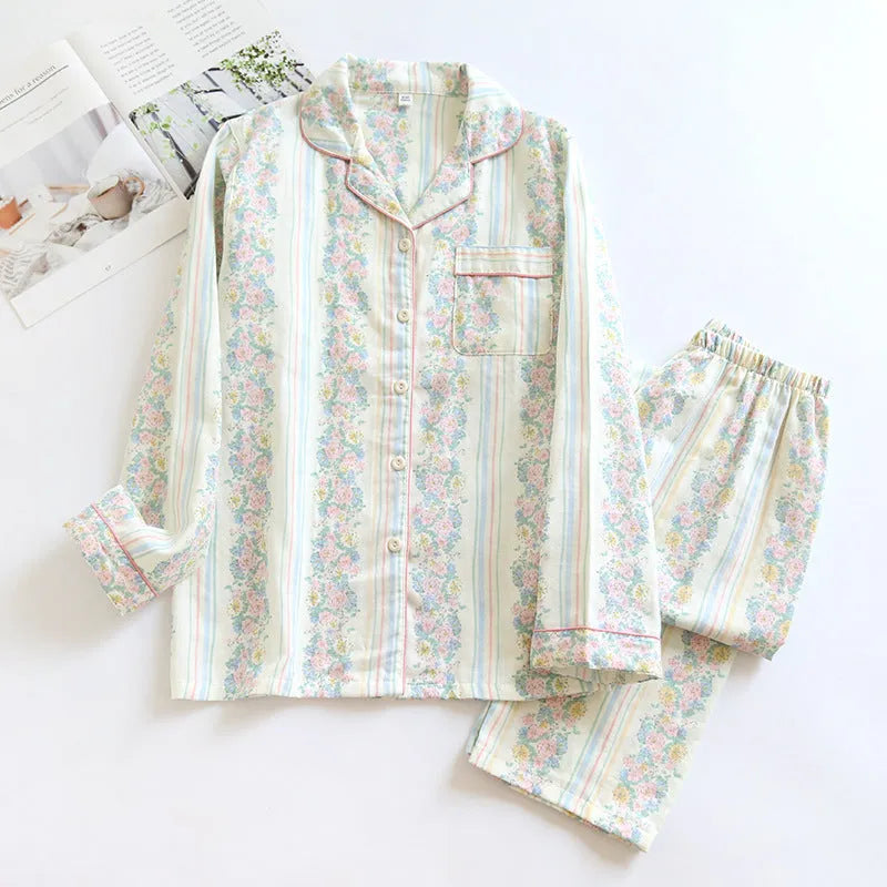 Japanese sweet ladies' homewear cotton double-layer gauze set with long sleeves and trousers in stripes or red fruit pattern