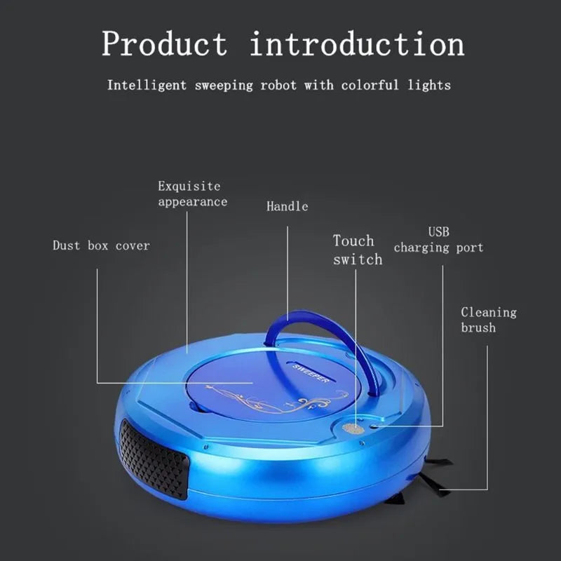 Lazy Smart Vacuum Cleaner floor sweeping robot in blue, black, or white colours with charging cable and accessories