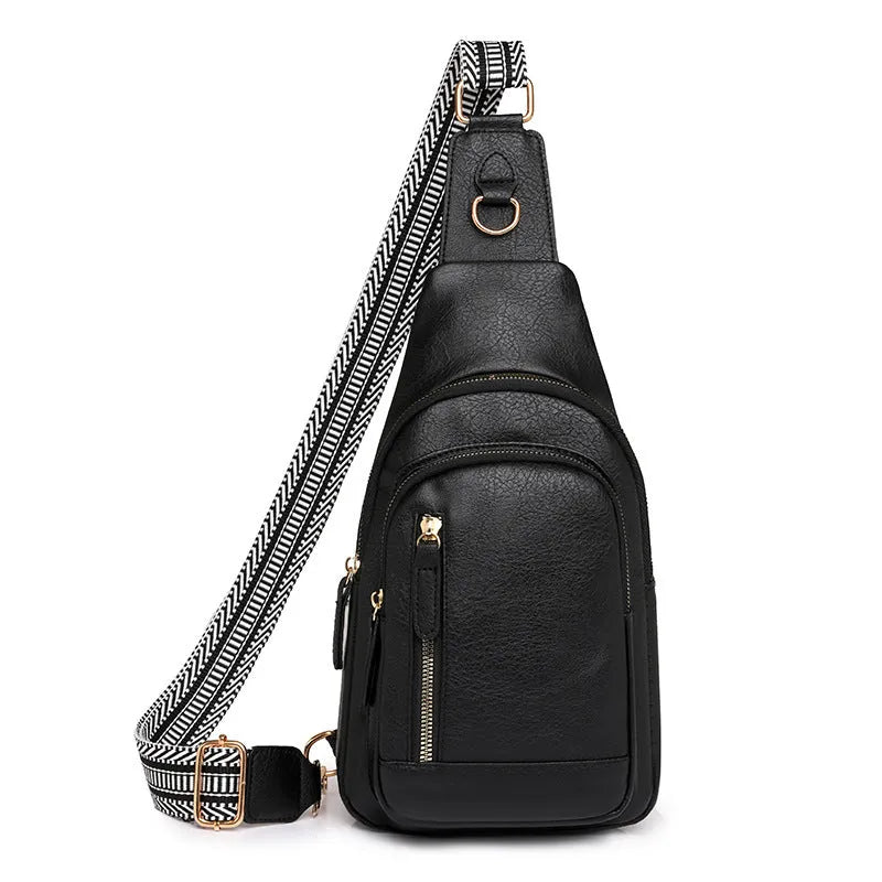 Women's soft PU chest bag in beige with open outer pocket and crossbody strap, showing sewing thread details