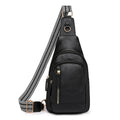 Women's soft PU chest bag in beige with open outer pocket and crossbody strap, showing sewing thread details