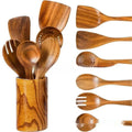 7-piece wooden kitchen utensil set showing spoons and spatulas with solid wood construction