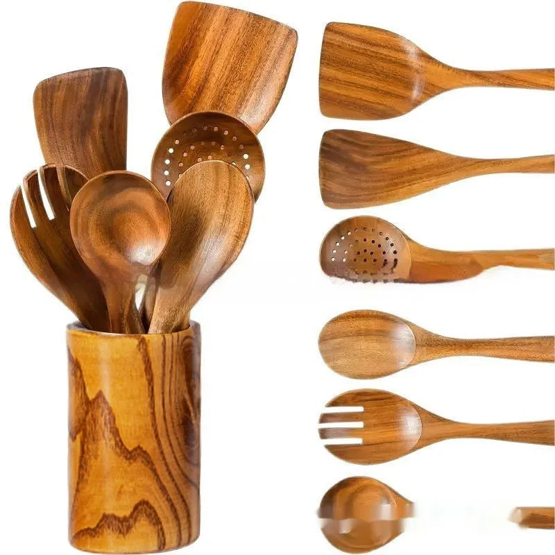 7-piece wooden kitchen utensil set showing spoons and spatulas with solid wood construction