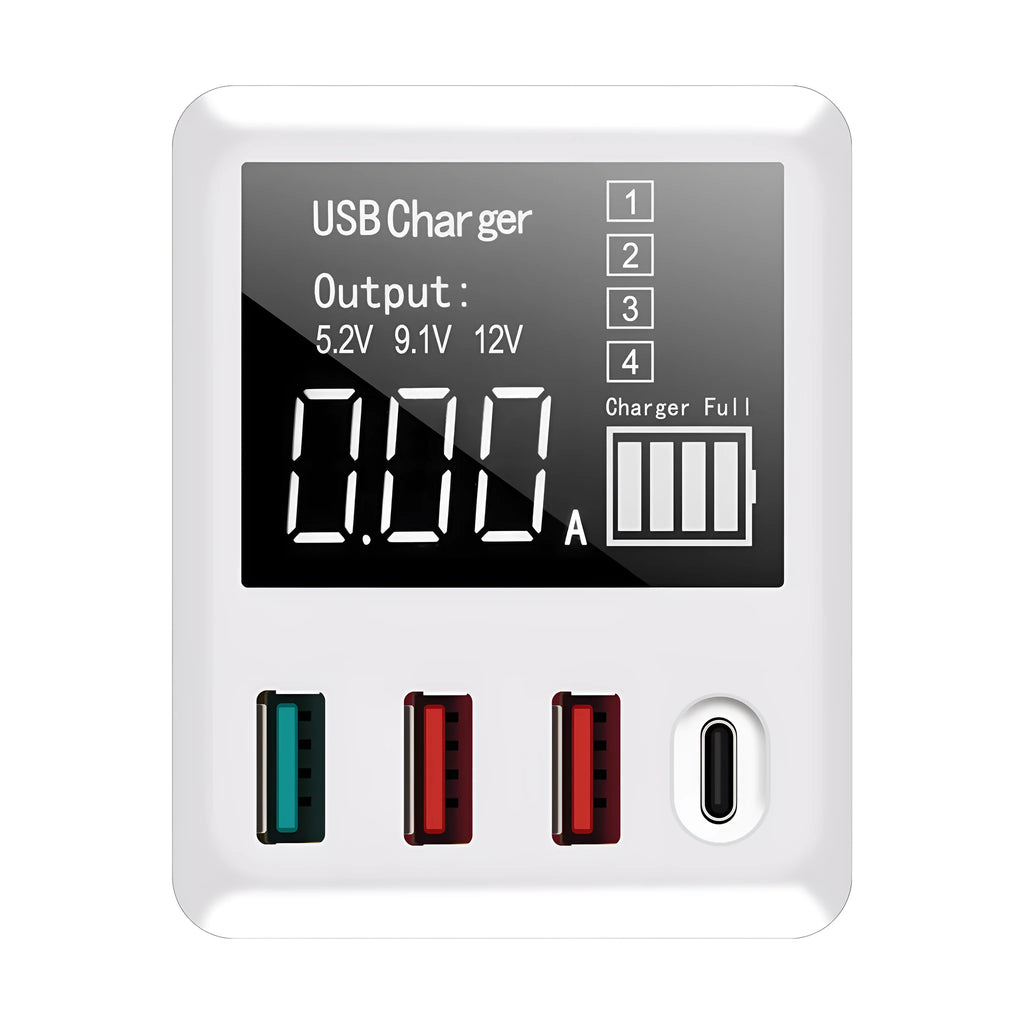 White 4-port travel fast charger with QC3.0 and Type-C ports measuring 80x48x65mm