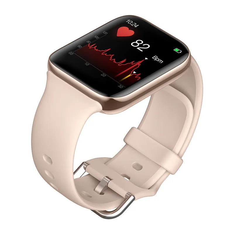 Smart bracelet with zinc alloy case showing a 1.44-inch display, featuring a liquid silicone strap in black, pink, or white.