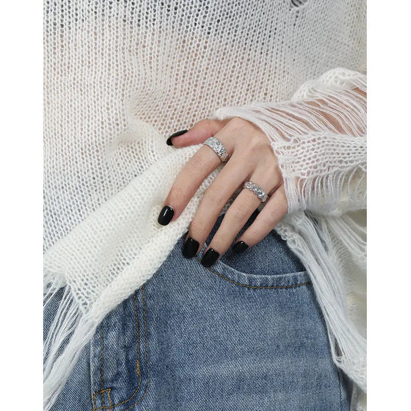 Adjustable opening silver ring with hammered texture in white gold colour finish