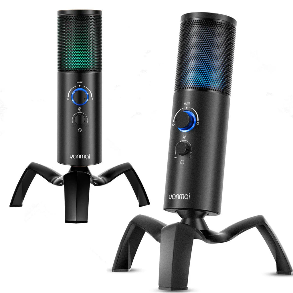 Black Q18 condenser microphone with RGB lighting on adjustable metal tripod