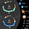Twelve Zodiac Sign natural stone beaded bracelets showing adjustable length mechanism and zodiac designs