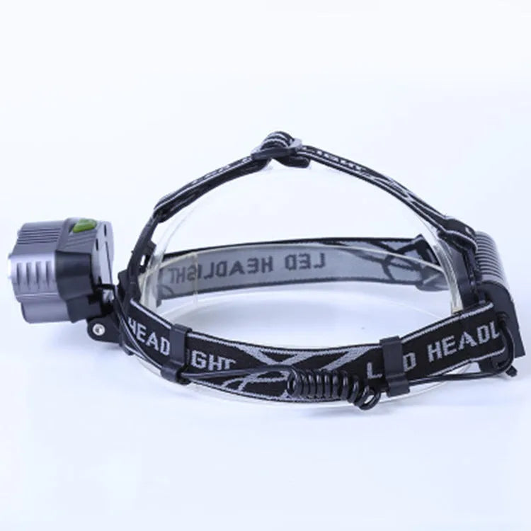 Fixed focus LED head torch with adjustable strap, waterproof construction, and push-button switch for outdoor use