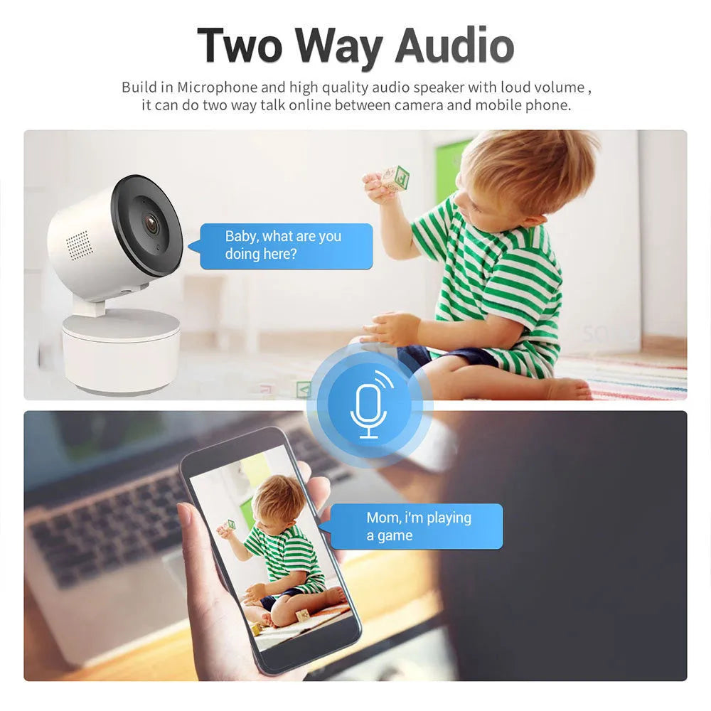 Smart WiFi indoor security camera with 1080p clarity and 355-degree rotation on desktop