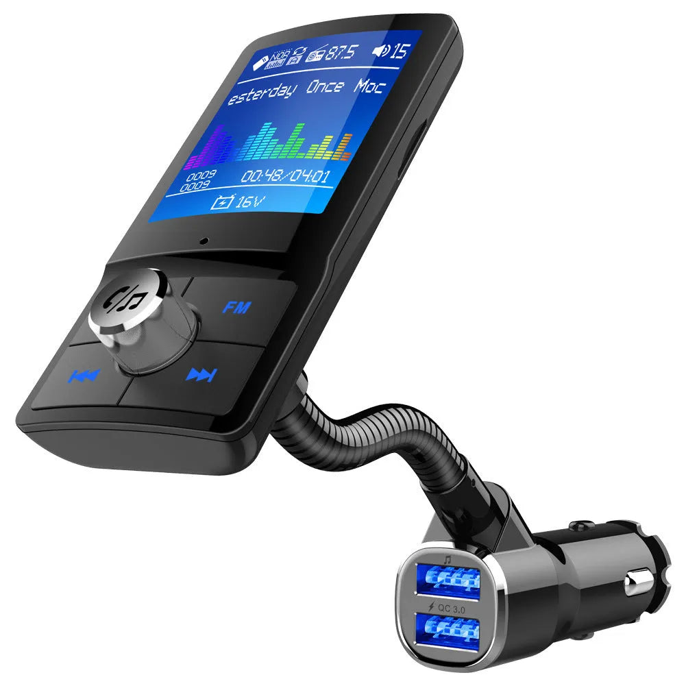 Black car speakerphone FM transmitter with LCD display, USB ports, and Bluetooth hands-free calling