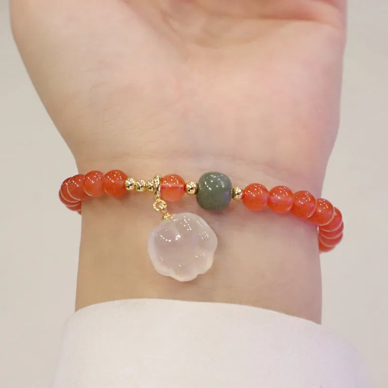 Women's natural red agate and jade bracelet set with cat paw detail on 8mm beads