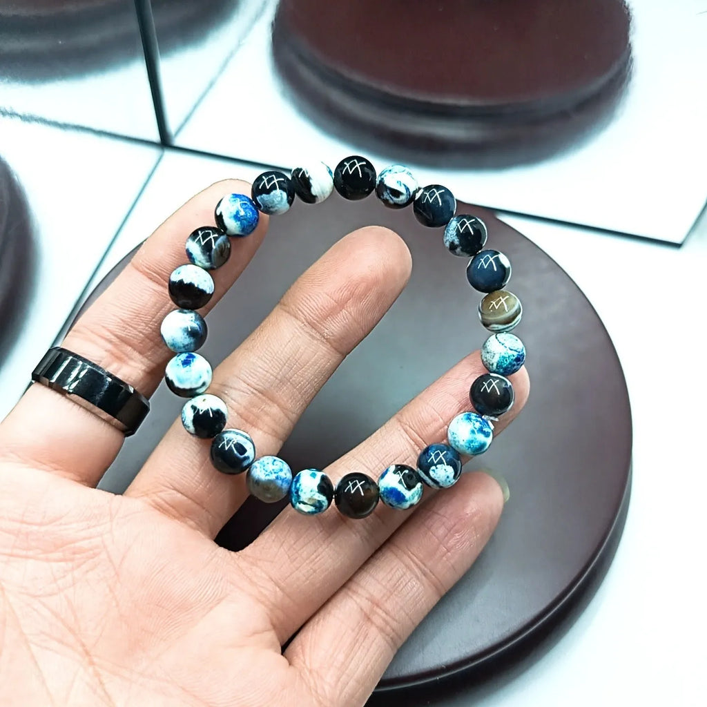 Ladies Bohemian bracelet with 8mm natural agate glass beads and adjustable silver clasp in four colour variations