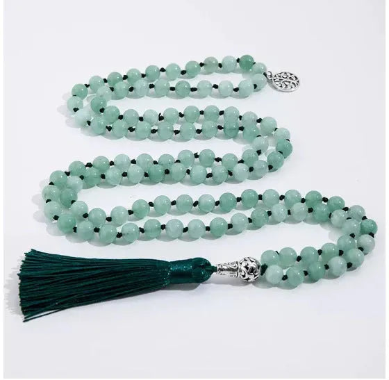 Handmade knotted beaded necklace with 108 stone pendants showing colour variations