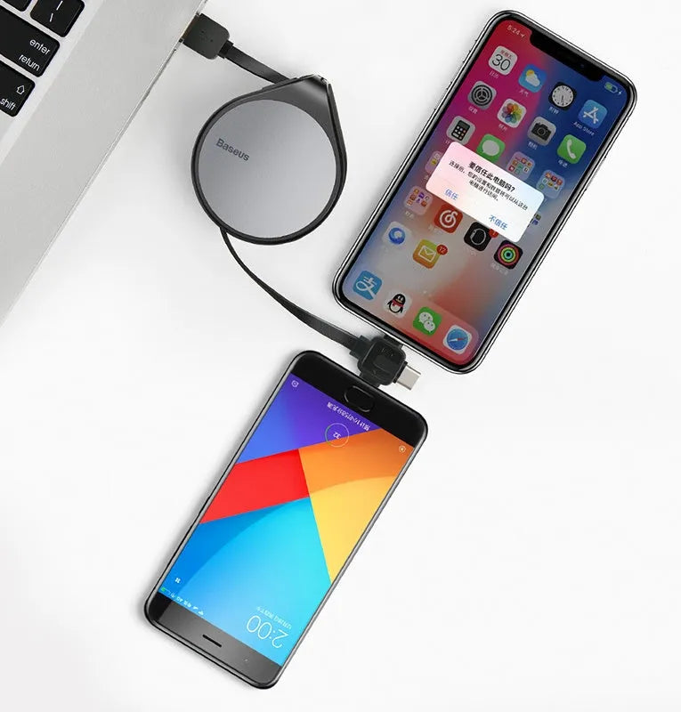 Telescopic three-in-one fast charging data cable extended to 1m, showing connectors for Lightning, micro-USB, and USB-C.