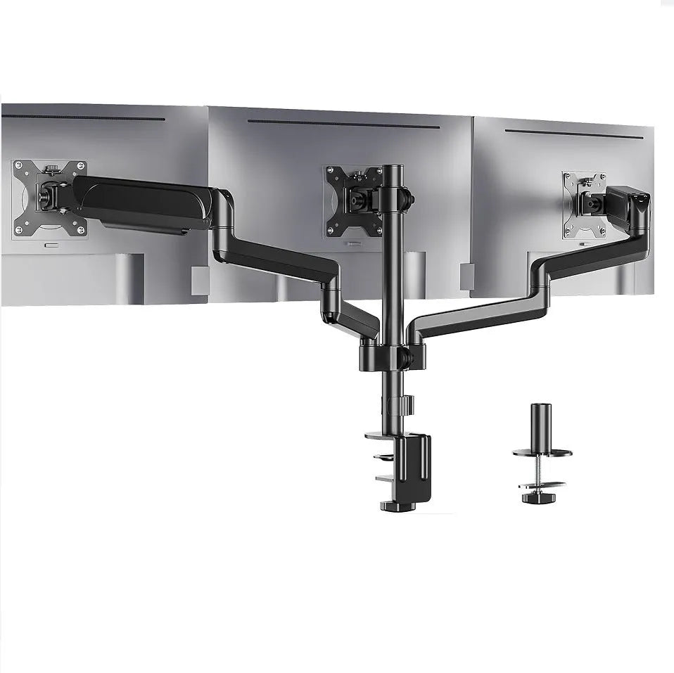 Black three-arm gas spring monitor mount holding 27-inch screen with 360-degree rotation capability