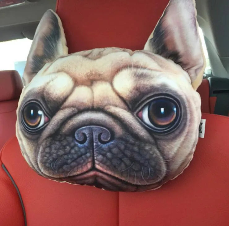 Handmade oblong car headrest pillow with printed cartoon cat design, polyester cotton cover, and PP cotton filling.