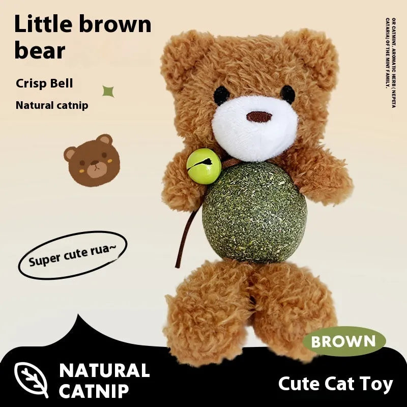 Brown Bear catnip toy with plush doll, 4cm mint ball, and bell for feline play