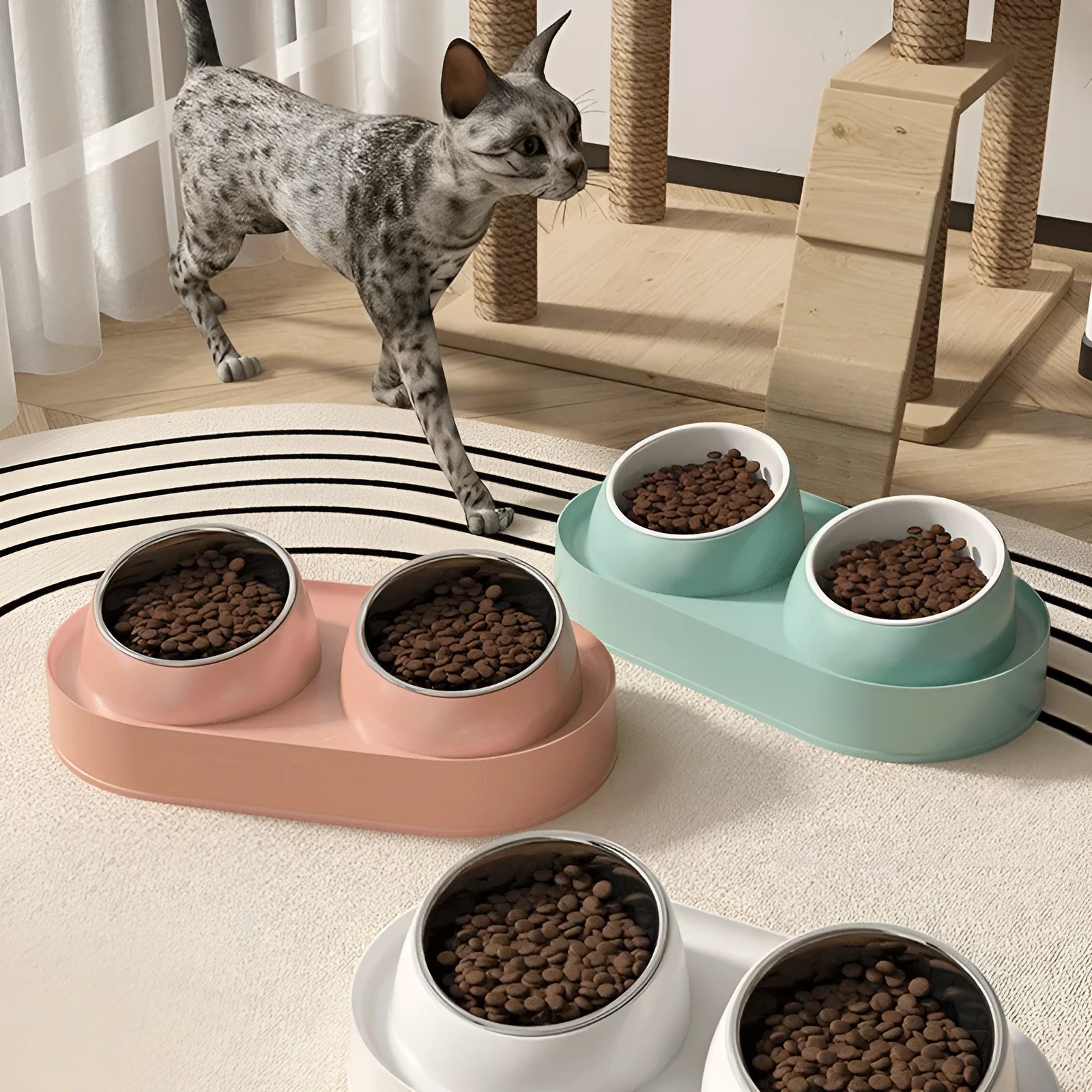 White elevated pet feeder with tilted ceramic bowls on a separate rack, for cats and small dogs.