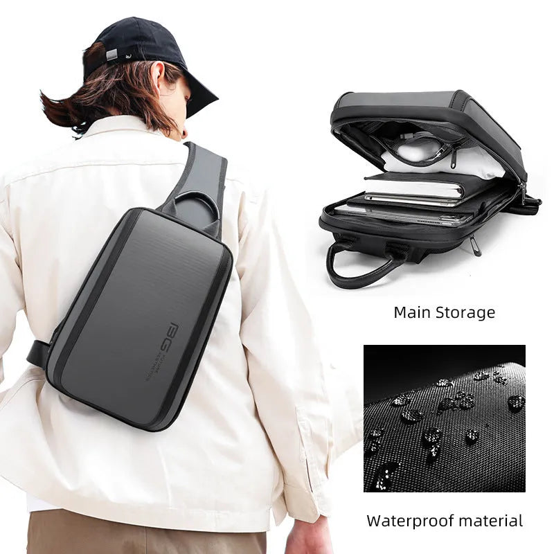 Blue men's chest bag with double connector shoulder straps showing 33x21x10cm dimensions and Oxford cloth material