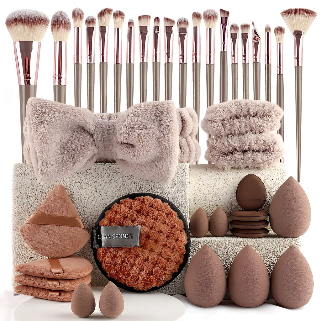 40-piece hydrophilic non-latex beauty tool set with brown, pink, and purple tools for face washing and makeup.