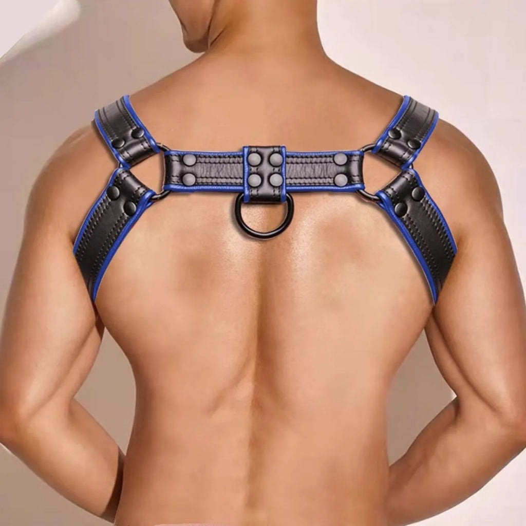 Blue and black leather shoulder strap suspenders with metal buckle adjustment