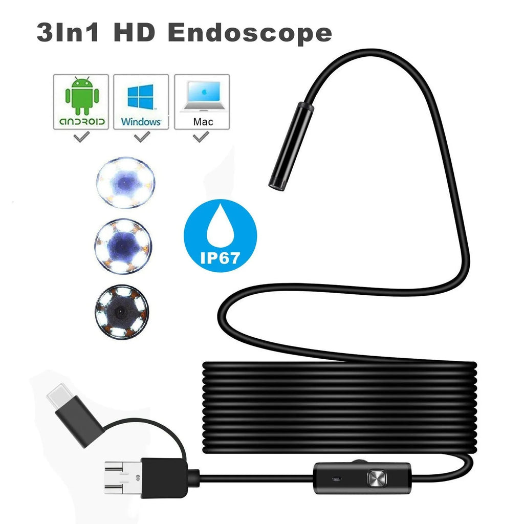 Three-in-one USB endoscope with 5.5mm probe, 640 x 480 resolution, Micro USB and Type-C, black, cable length optional.