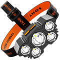 Rechargeable five head LED fishing headlamp with USB charging, 4500 lumens and 180-degree adjustable head
