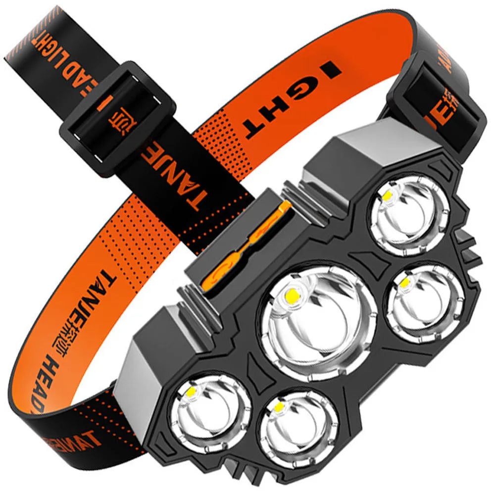 Rechargeable five head LED fishing headlamp with USB charging, 4500 lumens and 180-degree adjustable head