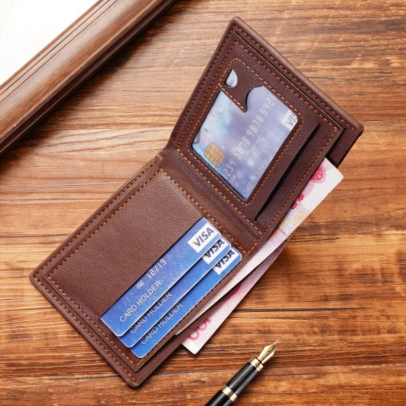 Men's thin black three-fold horizontal PU leather wallet showing multiple card slots
