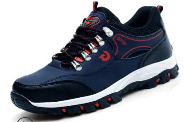Guisalao men's low-cut safety shoes with steel toe cap, anti-piercing design, camouflage plus fur upper, available in black, blue, green, red.