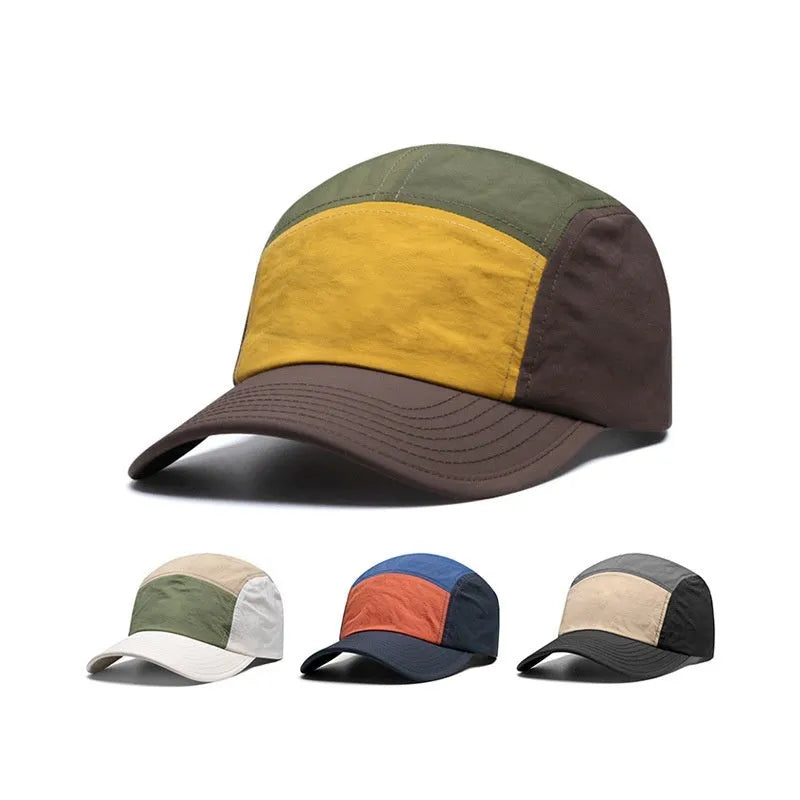 Men's khaki baseball cap with curved brim and five-piece construction, made from cotton-polyester blend fabric